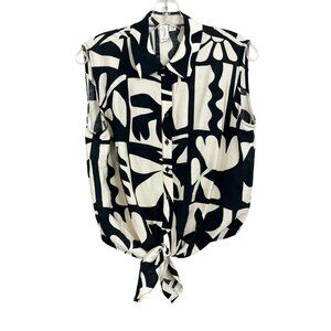 Joie Black & White Mod Print Button Down Tie Front Cropped Top Size Medium